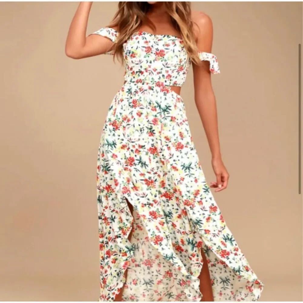 LUSH x NORDSTROM | White Off-the-shoulder Maxi Dress Floral Smocked | Size Small